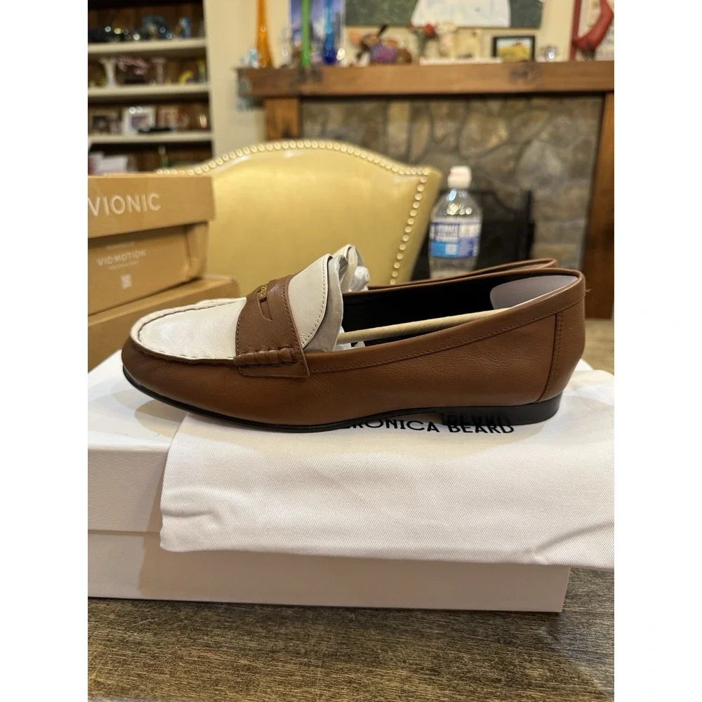 Veronica Beard Penny-2 leather loafers in a two-tone caramel and lily Size 8 - Picture 3 of 11